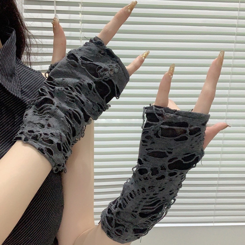 Fingerless Glove Knit - Yueqiu Girl Alt Fashion Ripped Mesh